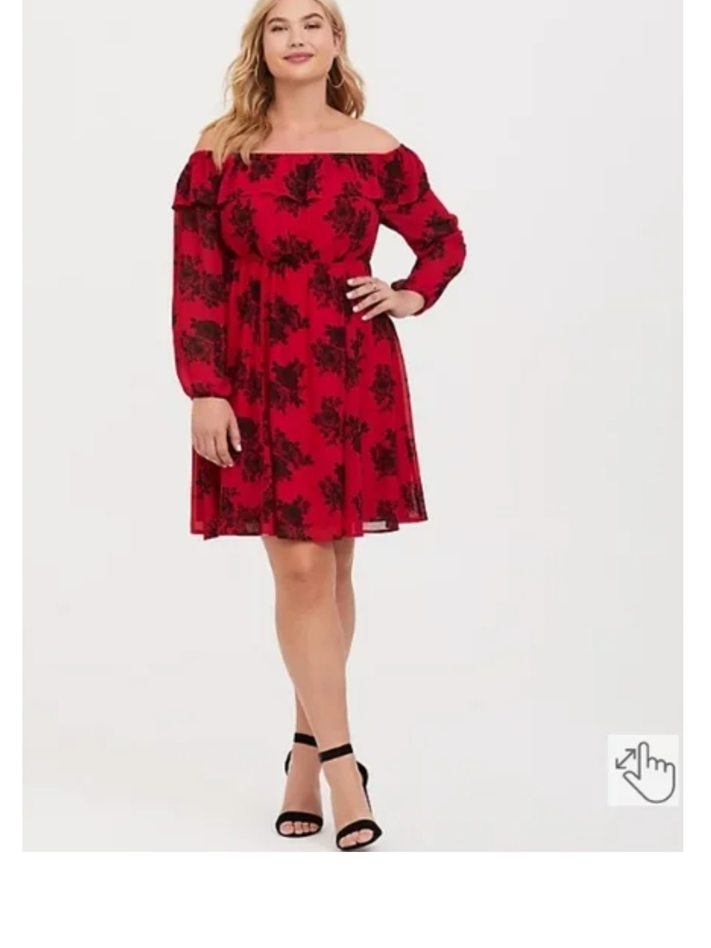 torrid Red Off-Shoulder Floral A-Line Midi Dress Black Roses Sheer Sleeves